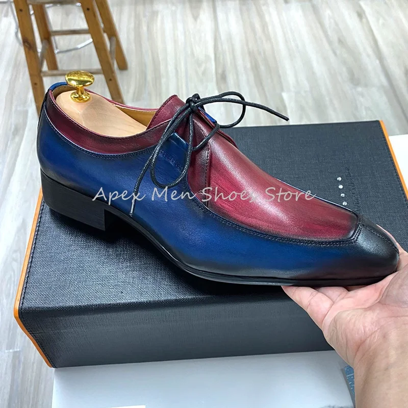 

Blue Red Cowhide Men's Formal Leather Shoes Business Casual Lace Up Derby Shoes Handmade Customized Trendy Retro Oxford Shoes