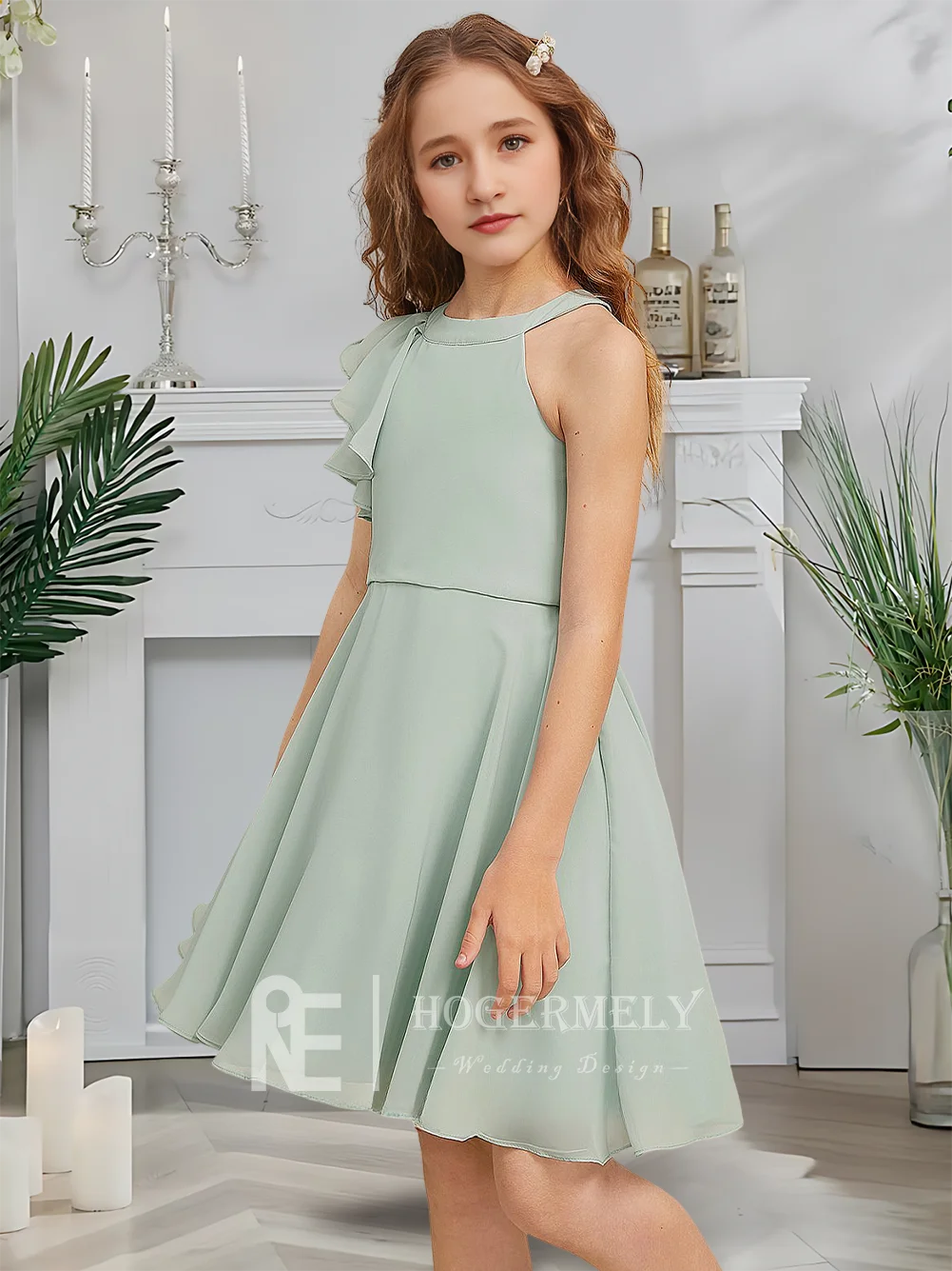 Дизайнерское платье трапециевидной формы для юных подружек невесты, платье с цветочным узором для девочек, шифоновое платье с лямкой на шее, садовое гала-танец, свадебное платье