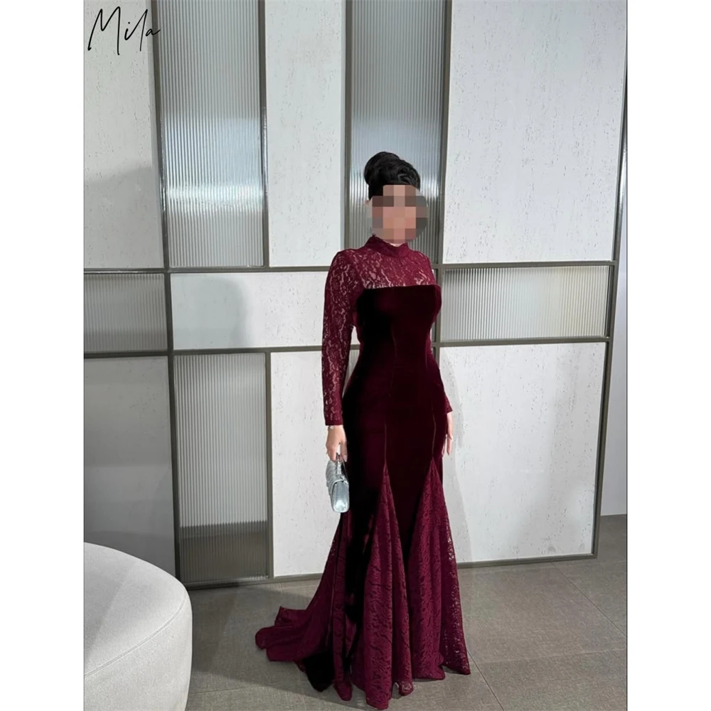 Mila Customized Burgundy Mermaid Velvet High Neck Prom Dress Long Sleeves Patchwork Formal Gown Floor-Length Vestidos De Fiesta