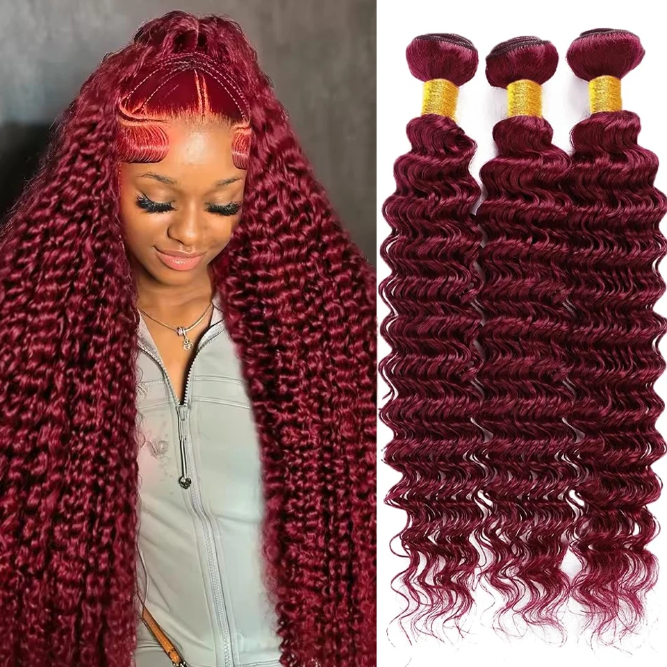 

Вьющиеся пучки бордового цвета 99J 100% Вьетнамские девственные пучки человеческих волос Глубокие волны для наращивания Плетение натуральных человеческих волос Цветные плетения