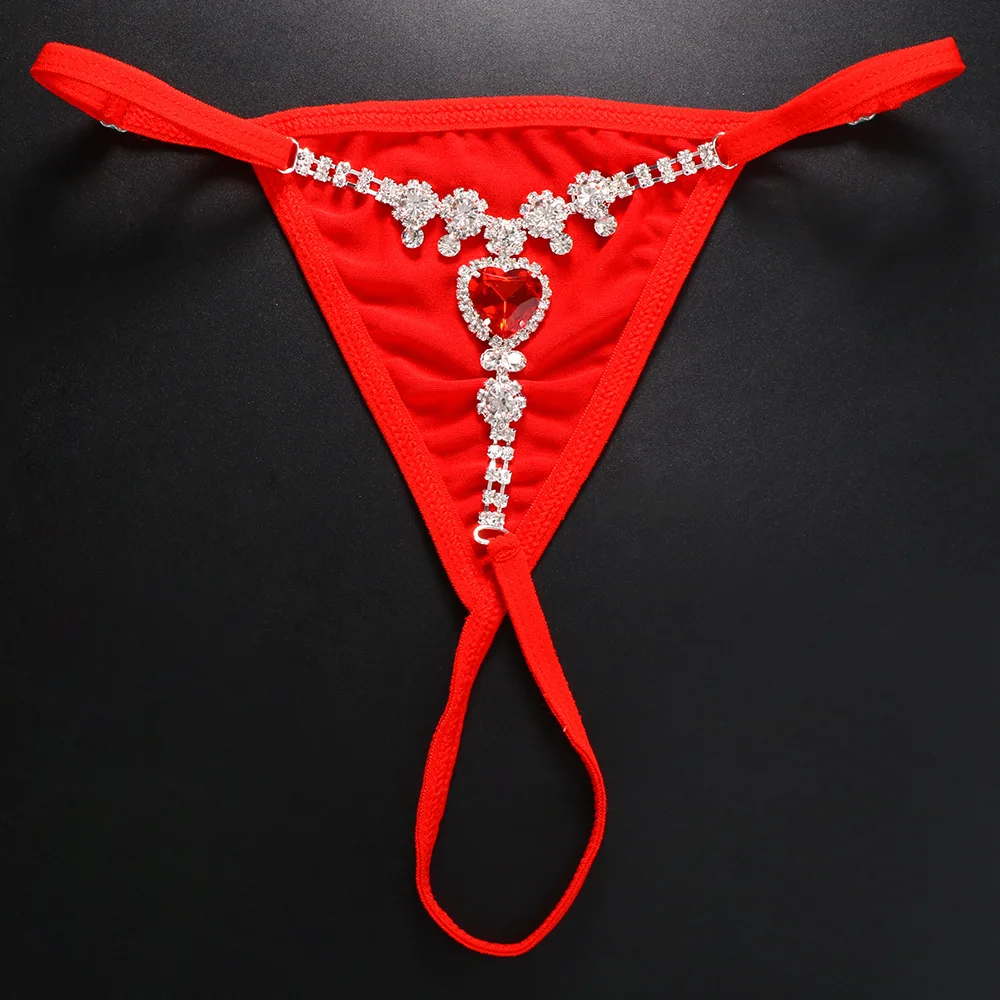 Heart G String Sexy Rhinestone Thongs for Women Underwear Panties Crystal Body Chain Jewelry Elastic Bikini Beach Costume