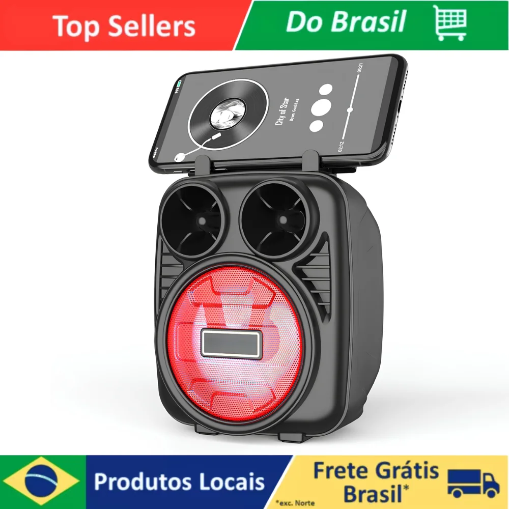 Caixa de Som Portátil Bluetooth com LED Rádio FM USB e SD Musica