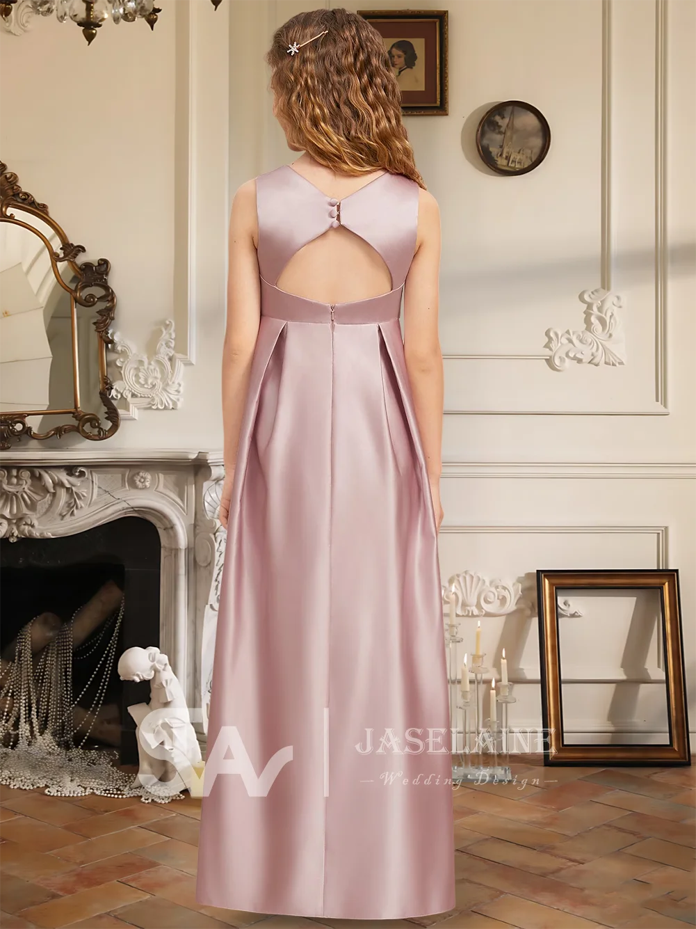 Elegante abito da damigella d'onore junior in raso con scollo a V e lunghezza al pavimento, abito da ragazza di fiori, fiocco, festa, matrimonio, occasione speciale formale