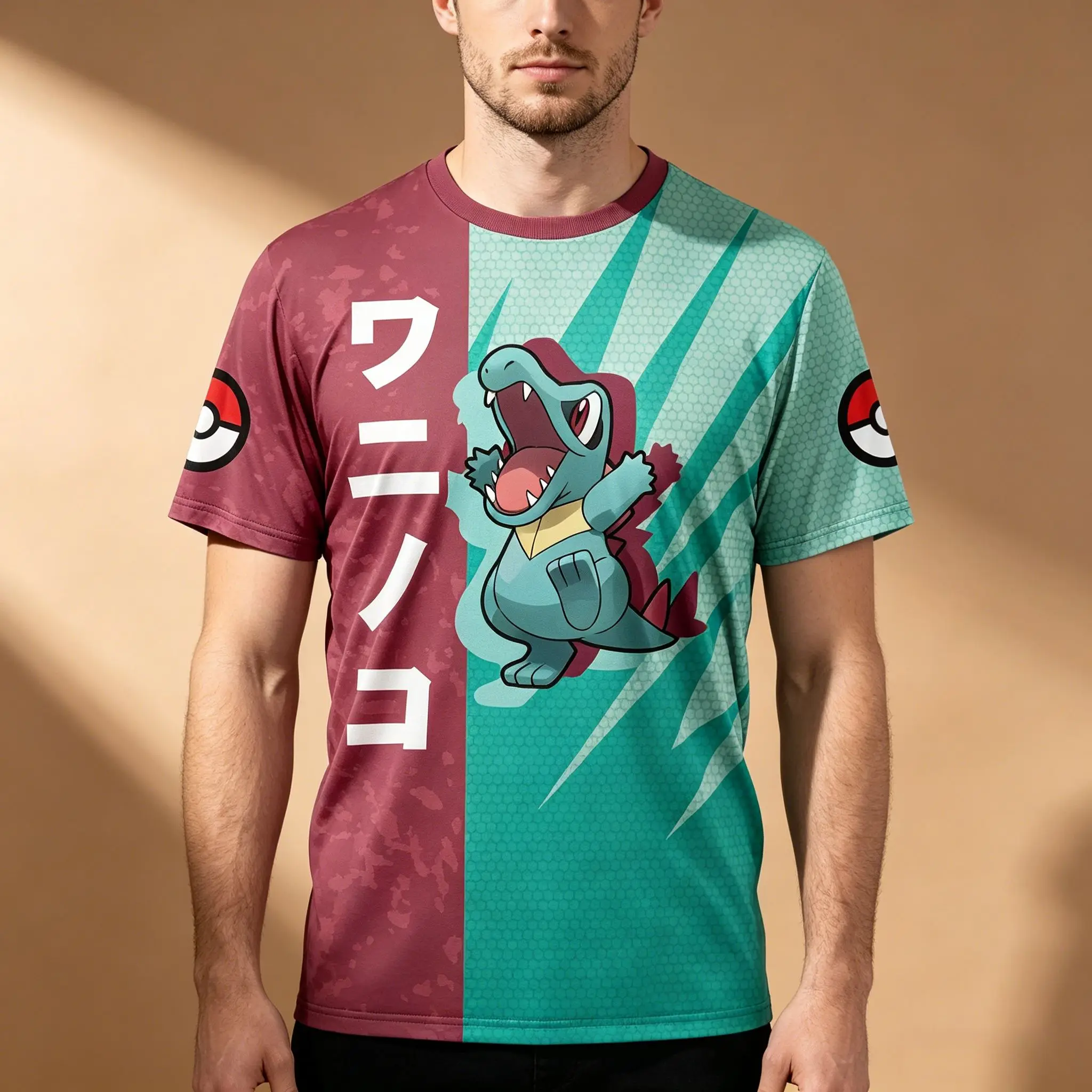 camiseta-masculina-com-estampa-completa-de-pokemon-totodile-camiseta-casual-de-manga-curta-com-estampa-completa-em-cor-bordo-e-verde-azulado-anime-japones-kanji