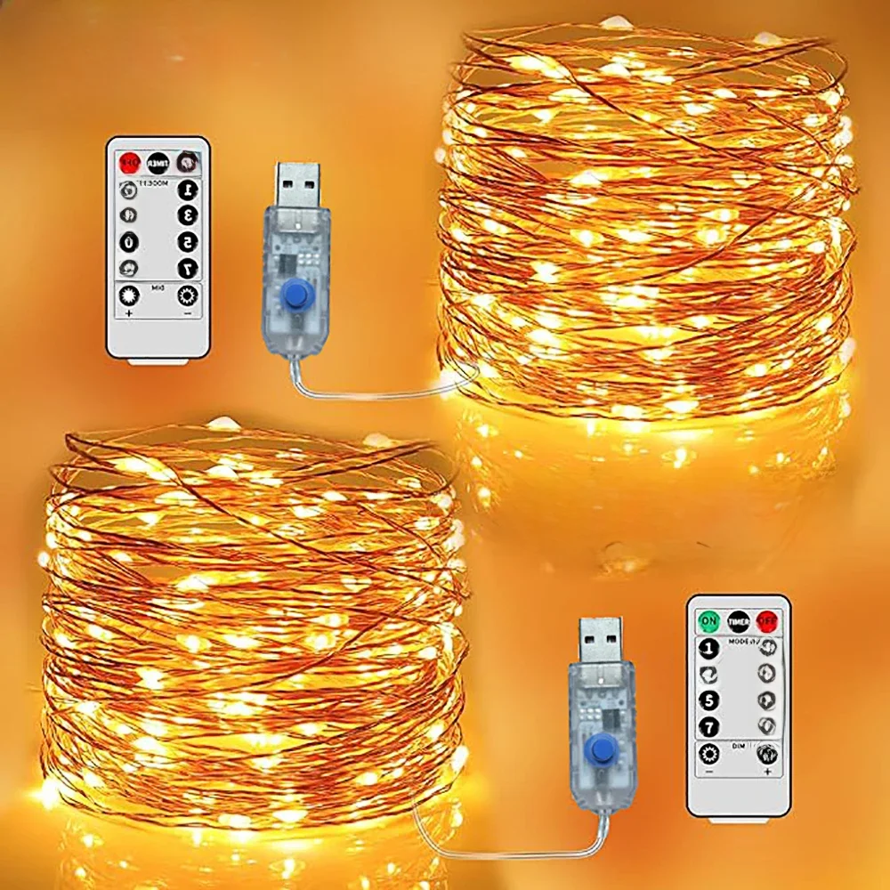 USB LED Copper Silver Wire String Lights, Luzes de fadas impermeáveis, Guirlanda Luz, Natal, Festa