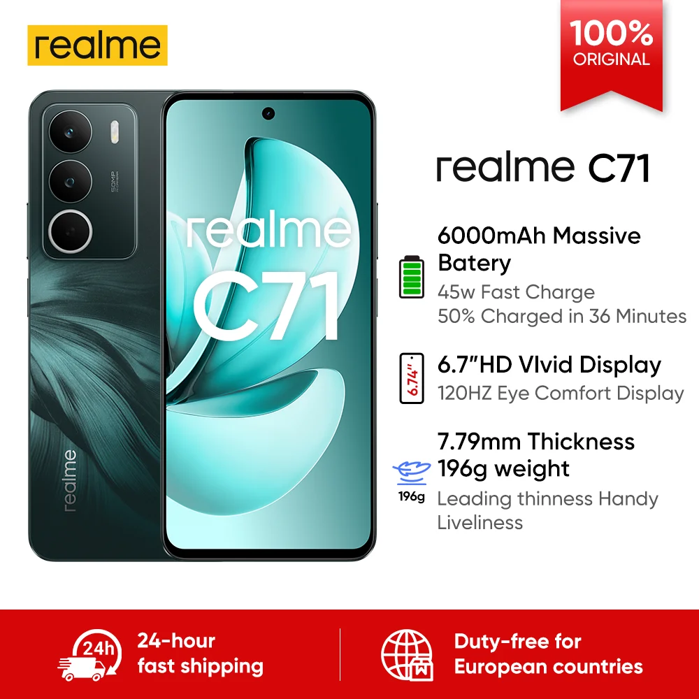 realme C71 4G Smartphone Global Version, 6300mAh Battery 45W Fast Charge, 6.67" 120Hz Display, 50MP AI Camera, UNISOC T7250, 6GB