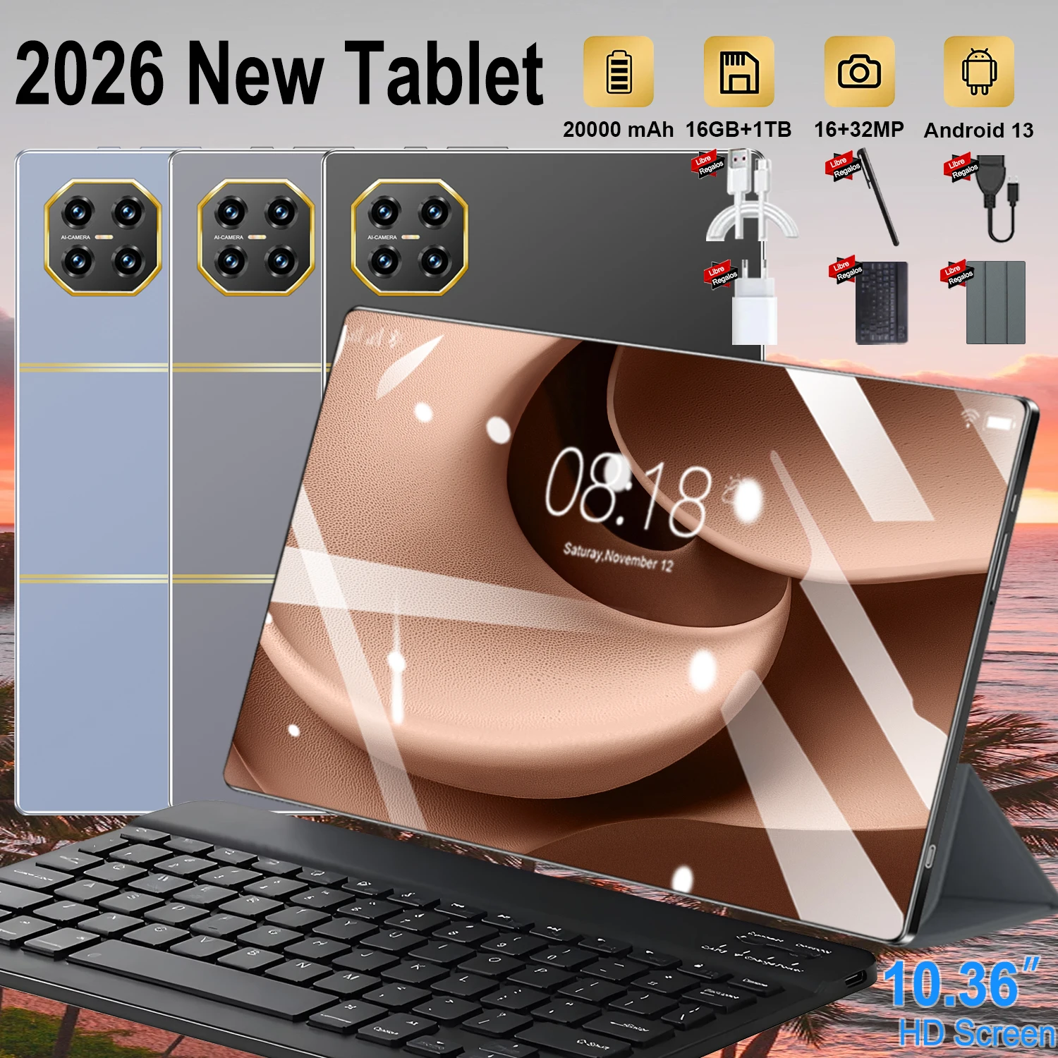 Tablet para Juegos Mate13Pro 2026 de 14 Núcleos, 10.36 Pulgadas, 16MP+32MP, Nueva Tablet Android con 16GB+1TB, 20000mAh, 5G, WIFI, Bluetooth, GPS, Doble SIM