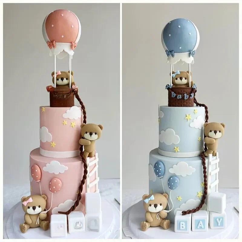 Décoration de gâteau de dessin animé, ours rose et bleu, bébé beurre, garçon et fille, joyeux 1er anniversaire, décoration de gâteau, révélation du genre, baby shower, ornements de voiture