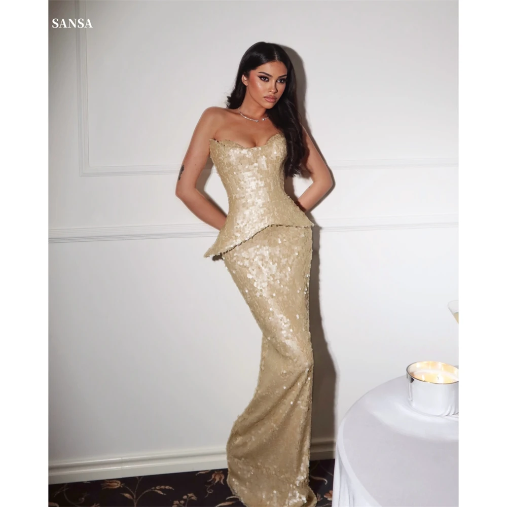 

Sansa Customized Light Gold Mermaid Sequins Two-piece Prom Dress Simple Sleeveless Vestidos De Noche Floor-Length Formal Evening