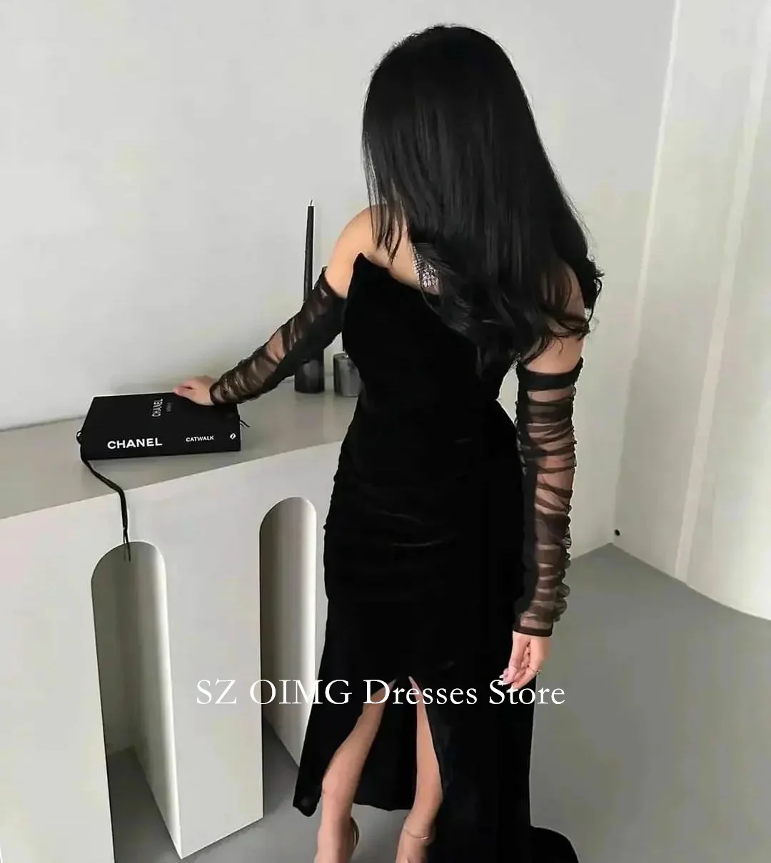 OIMG Dubai Mordern Strapless Mermaid Prom Dresses Velvet Pleated Sleeves Dress Women Evening Gowns Formal Fitted Party Dress