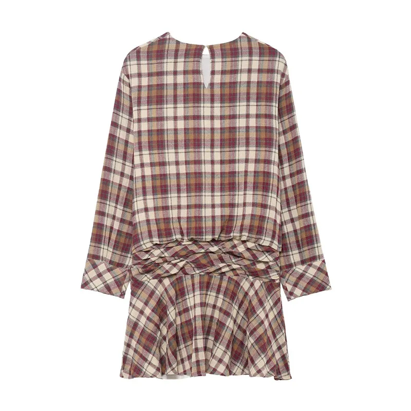 Casual doce xadrez vestido curto o pescoço manga longa vestido plissado 2025 primavera outono moda streetwear bonito vestido feminino