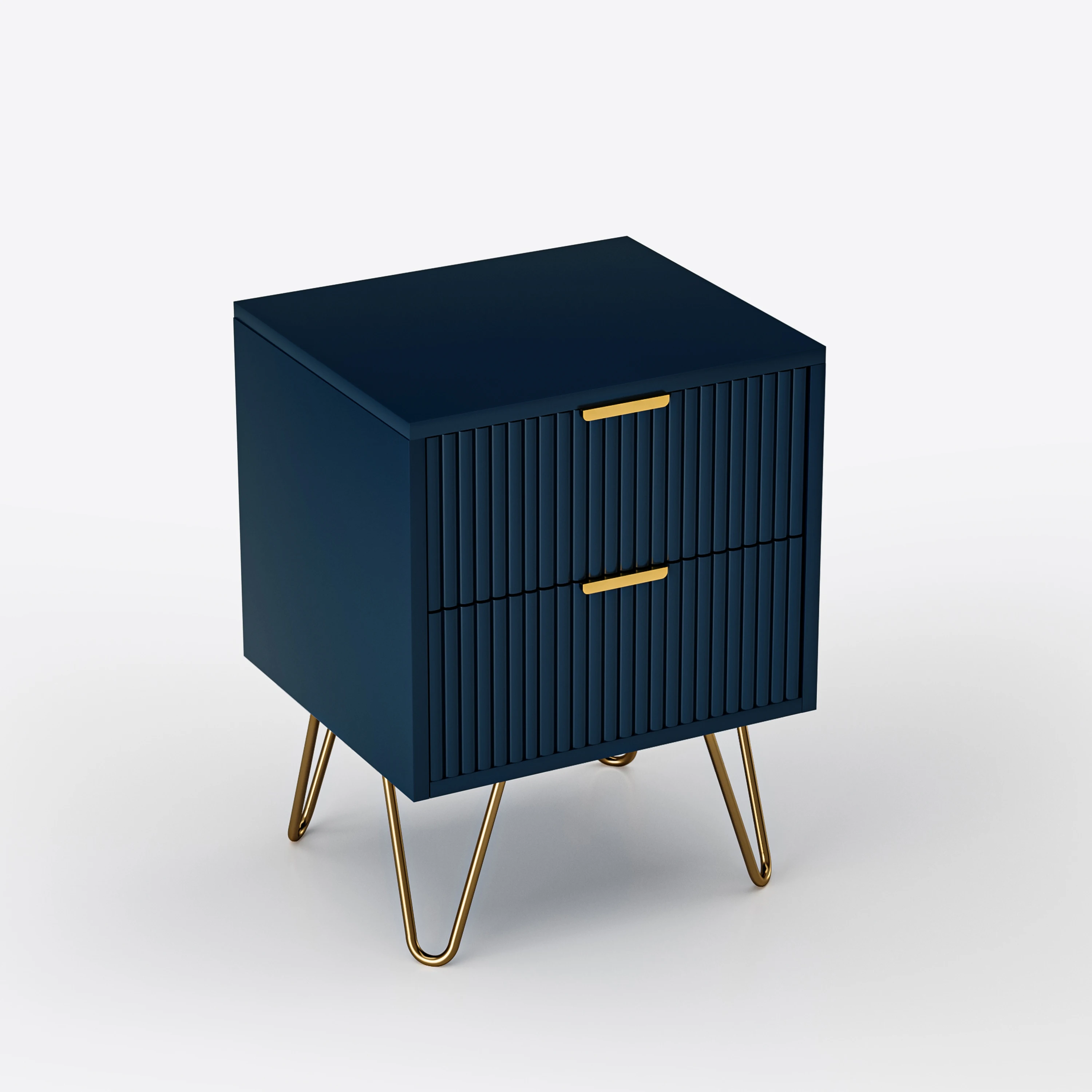 Table de Chevet, Table de Nuit avec 2 Tiroirs, Pieds et Poignées en Métal Dorés, pour Chambre à Coucher Et Salon, bleu foncé