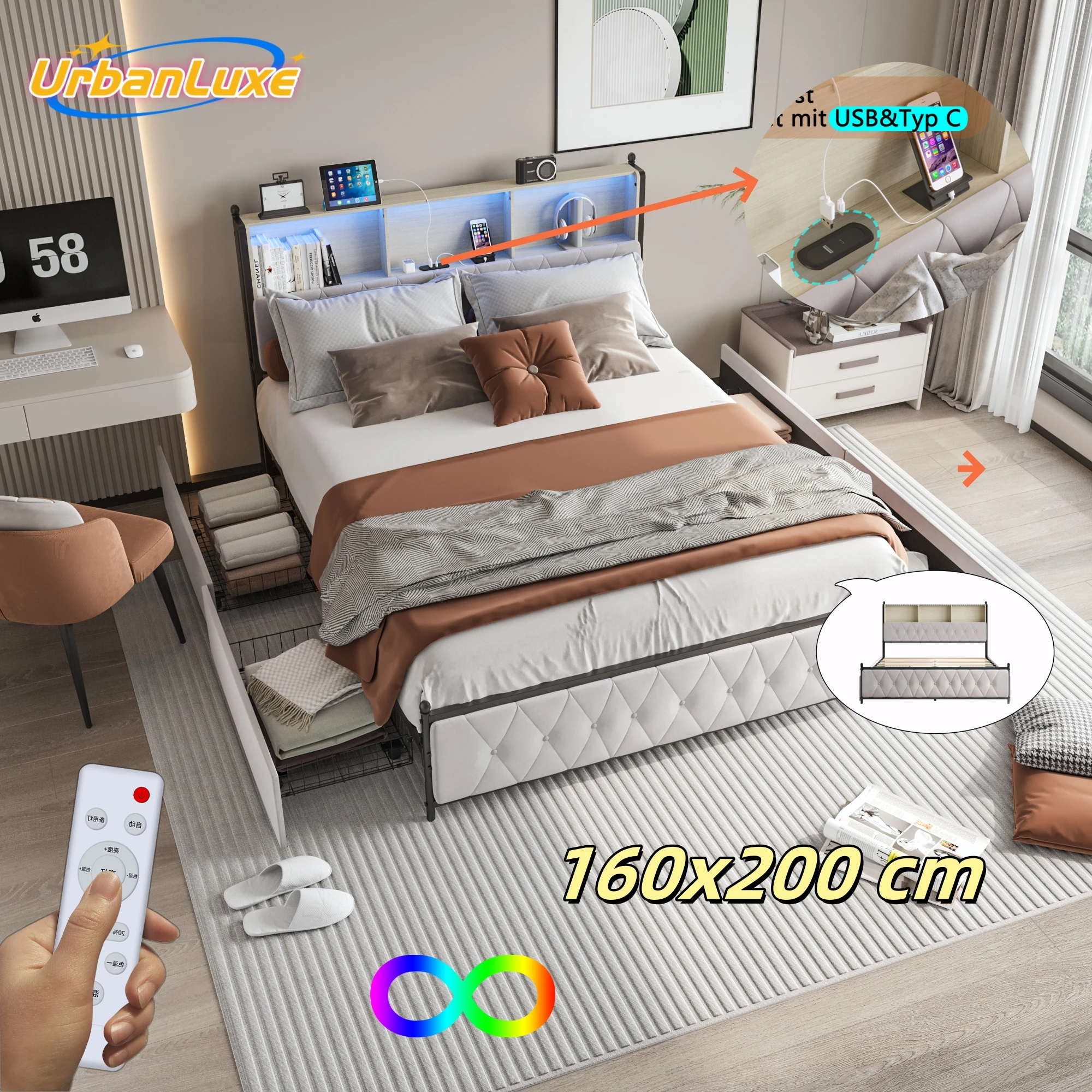 UrbanLuxe Letto matrimoniale Urban Luxe 160x200 cm, con quattro cassetti, striscia LED, due porte di ricarica (USB, Type-C), comodino con spazio di archiviazione