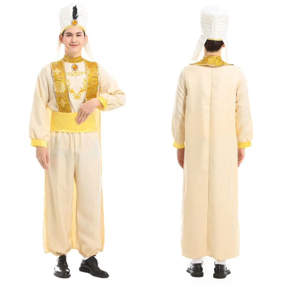 علاء الدين زي الرجال الأمير العربي تأثيري الملابس للكبار أعلى السراويل قبعة ملابس هالوين كرنفال مرحلة الأداء البدلة