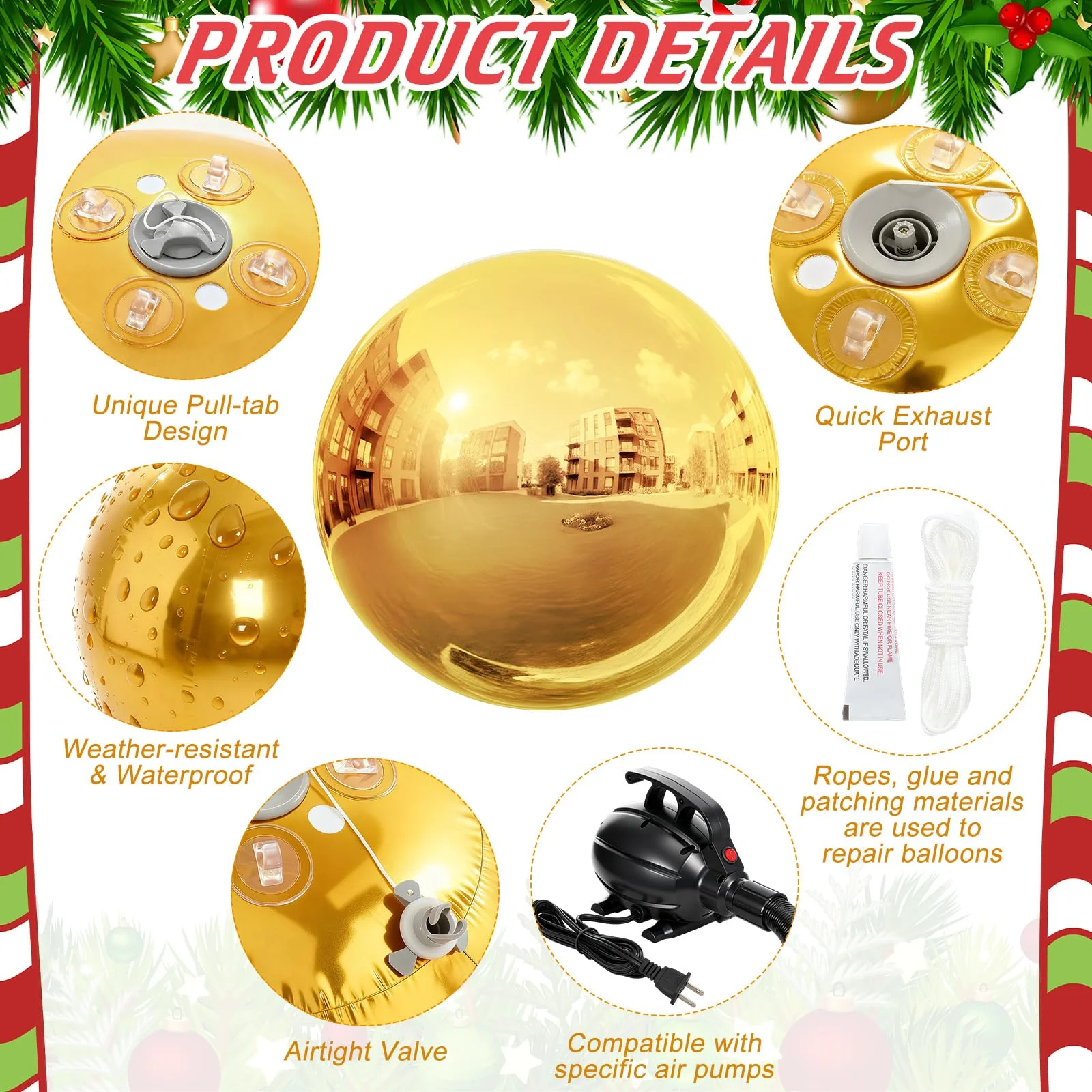 Conjunto-6 peças de bolas de espelho infláveis douradas brilhantes, balão de espelho gigante hermético, esfera grande selada de pvc para eventos e festas de palco