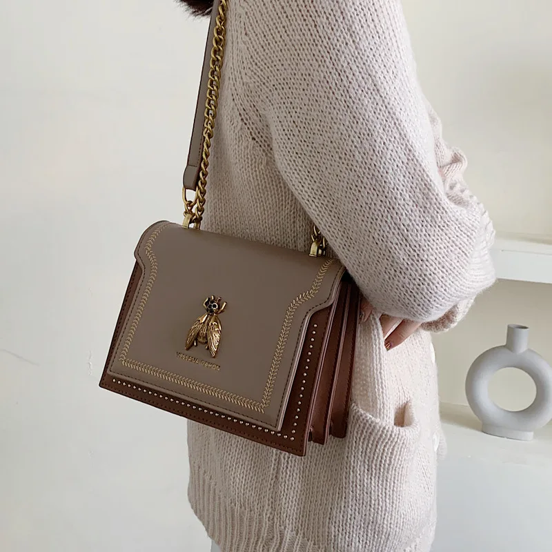 Luxury Women Handbag New Retro Bee Pattern Chain Flap Female Purse Shoulder Handbags Quality Leather Designer Crossbody Bag