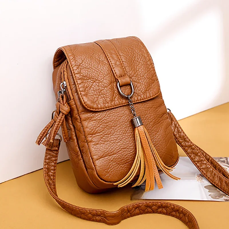 Miękkie skórzane torby Crossbody dla kobiet wysokiej jakości frędzel w jednolitym kolorze torba na ramię Retro saszetka na telefon komórkowy torebki — zdjęcie 2