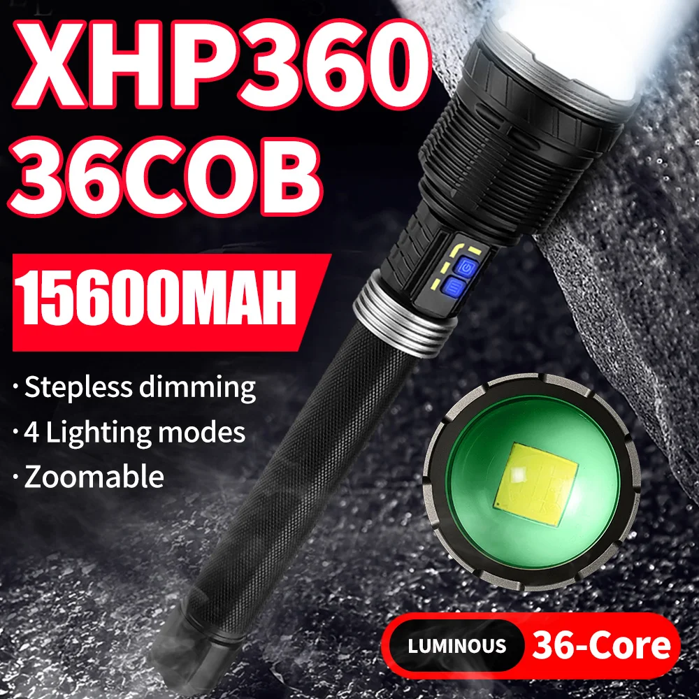 15600mAh Super Bright Flashlight XHP360 LED Torch Lantern Stepless Dimming USB Rechargeable Waterproof Camping Outdoor Lighting