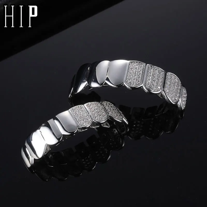 Hip Hop Half CZ Teeth Grillz Caps Bling Iced Out Cubic Zircon Micro Pave Top & Bottom Charm Grills Set For Men Women Jewelry Gif