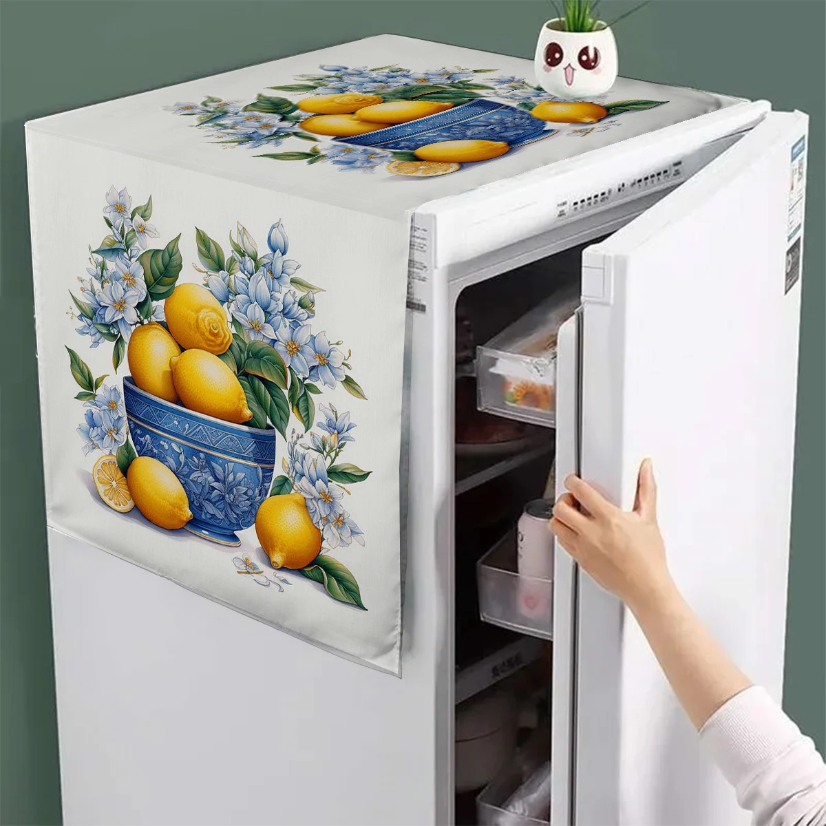 Yellow Lemons Blue Vase Design Refrigerator Dust Cover Washable Printing Washing Machine Cabinet Dust Protection Cover