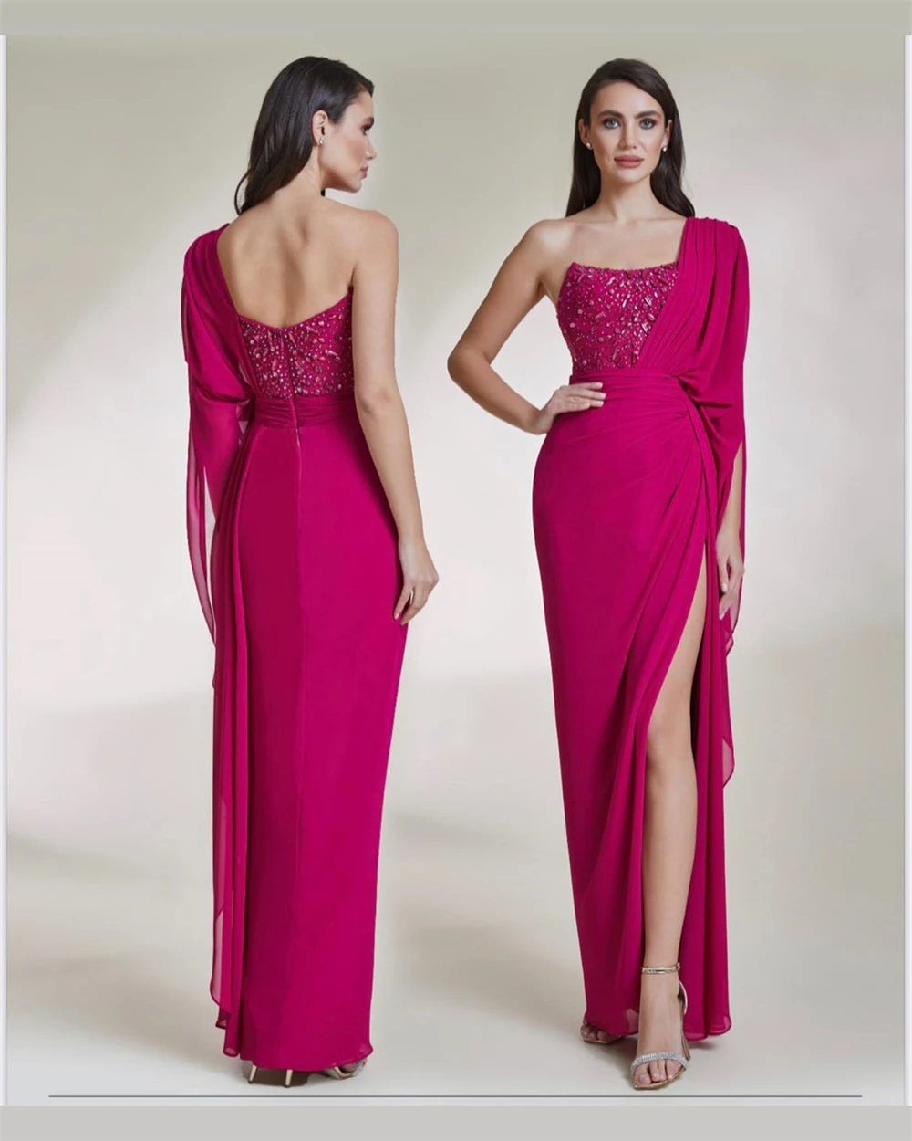 

Retro Elegant One-shoulder A-line Rhinestone Satin Formal Occasion Gown Abiti Per Occasioni Formali イブニングドレス