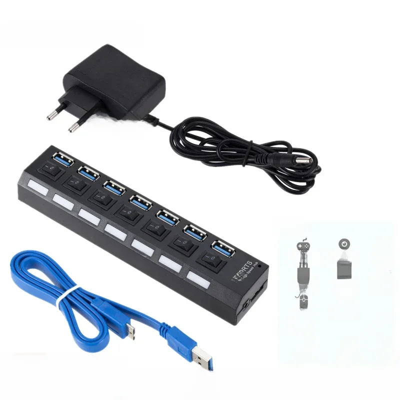 Hub USB 3.0 GRWIBEOU, rozgałęźnik USB 3.0 z zasilaczem, wieloportowy rozdzielacz USB, 7 portów, ekspander USB z 3 portami, hub USB z przełącznikiem do PC — zdjęcie produktu 7