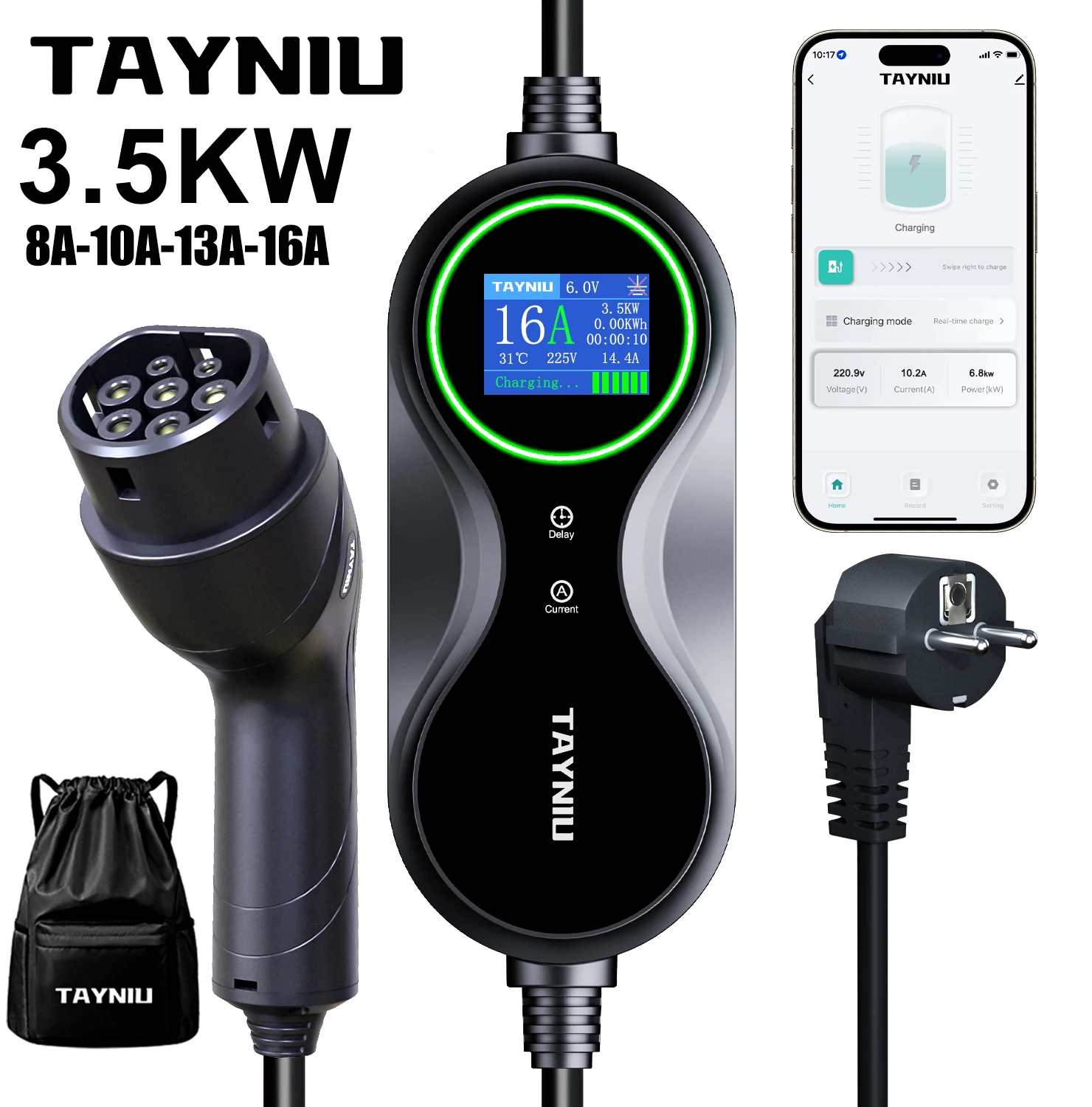 

TAYNIU 16A 3.5KW 32A 7KW Type 2 Portable EV Charger WiFi APP Control 5m Cable with Storage Bag