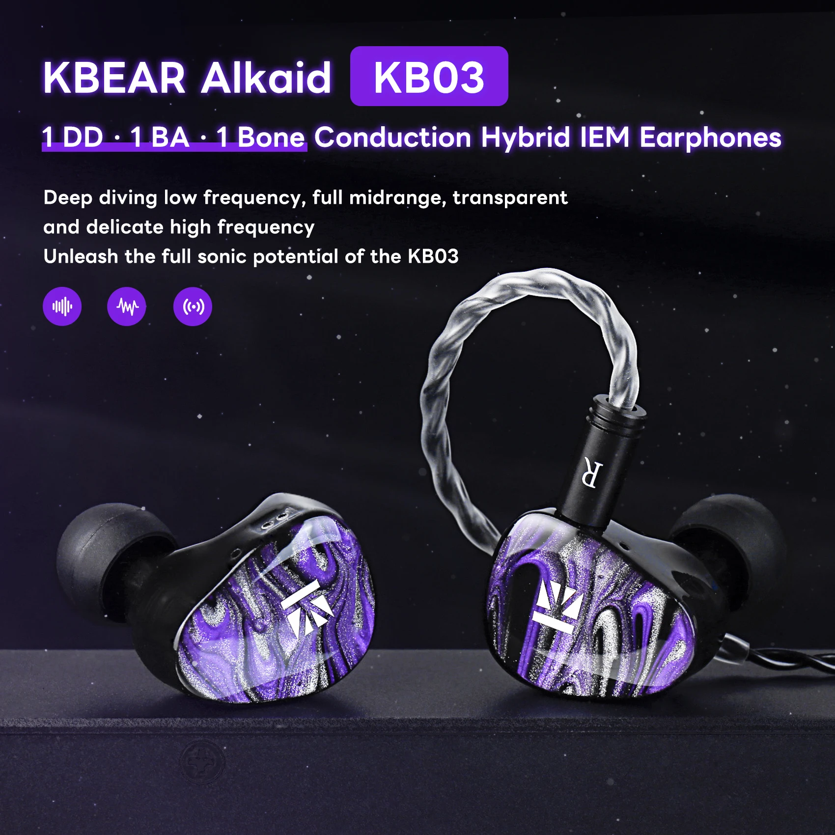 KBEAR KB03 Bone Conduction & DD & BA Hybrid Earphones 3D printed HIFI Bass Earbuds Metal Monitor Headphones Gaming headset — product photo 1 of 1