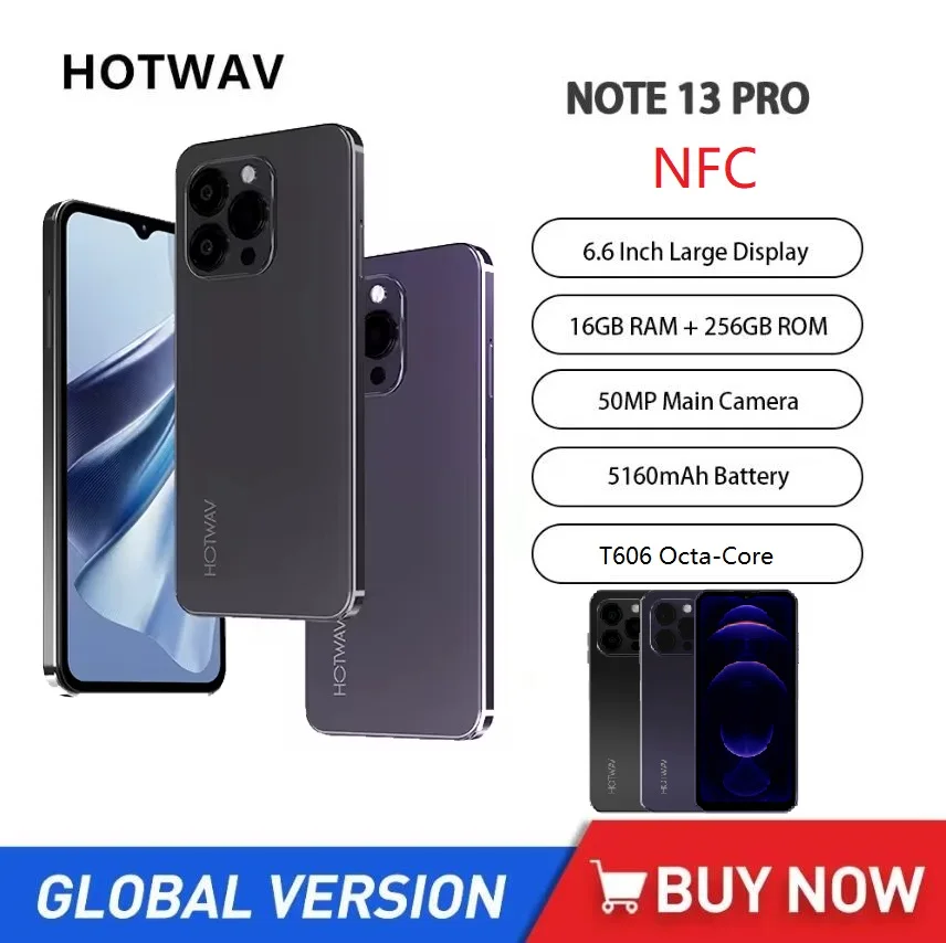 HOTWAV Note 13 Pro 4G Smartphones Android 13 ,6.6Inch HD Octa Core 16GB+256GB Mobile Phone 50MP 5160mAh 18W Fast Charge NFC