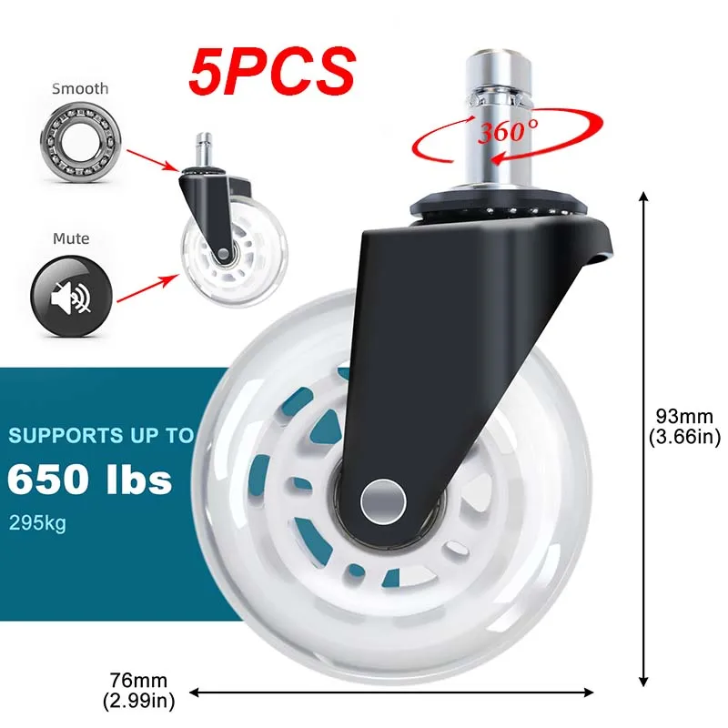 Wyciszone gumowe kółko do krzesła biurowego, rolki zamienne, bezszumowe, okucia meblowe, 360 stopni, 5 szt.