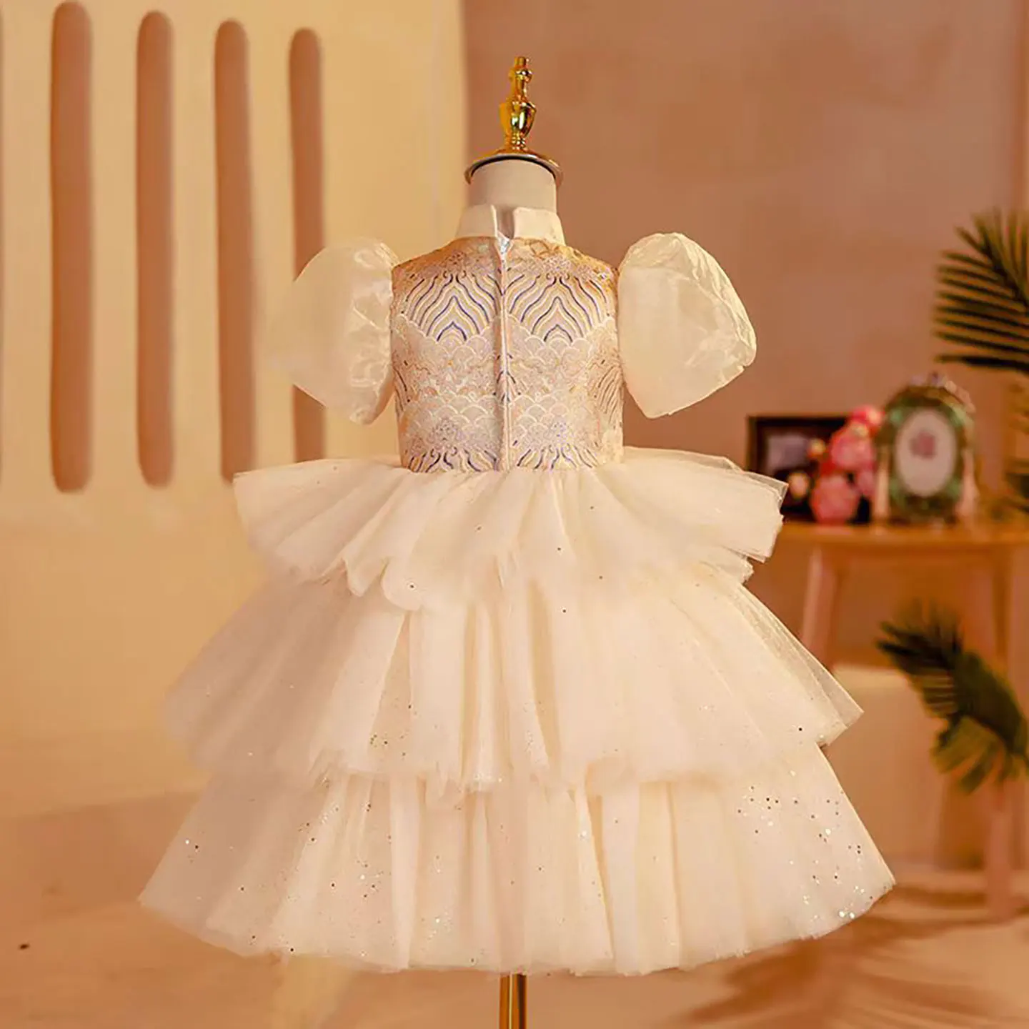 Dreamy D003 Vow Elegante stile cinese con nappe a strati in tulle a fiori con maniche a sbuffo per bambini, matrimonio, compleanno, festa, abito da ballo