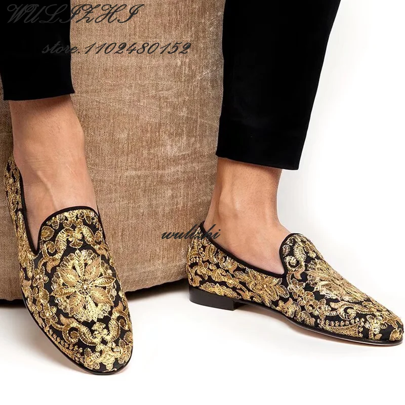 Yellow Totem Embroidered Gold Silk Sneaker Men Round Flat Soles Casual Sports Loafers Spring Party Oxfords Elegant Mules Wedding