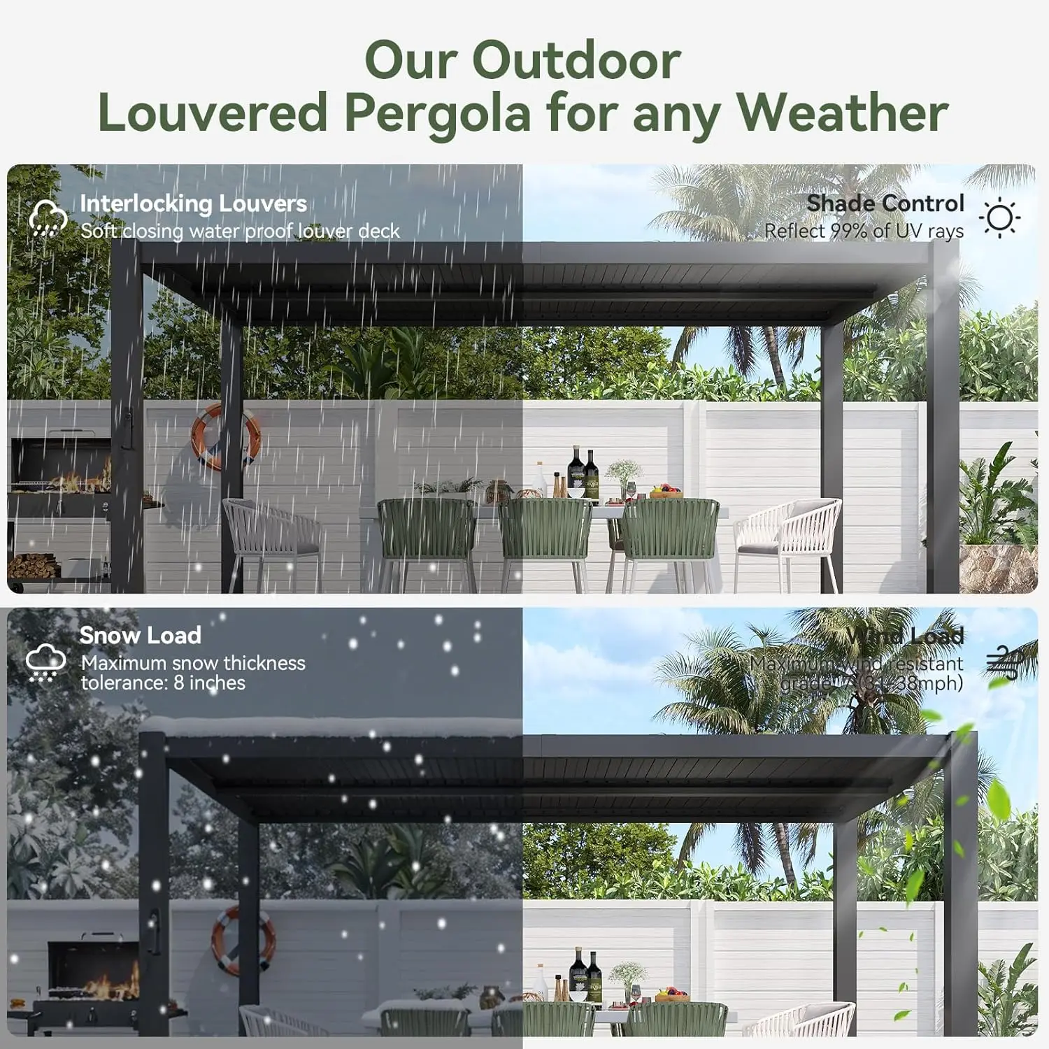 Aoxun 10x16Ft Outdoor Metal Pergola with Independent Adjustable Roof & Built-in Drainage for Patio Backyard