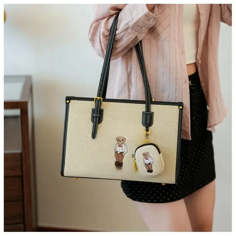JIAERDI Harajuku Bear Cute Tote Bag Women Vintage Embroidery Chic Casual Shoulder Bags Ladies Retro Large Capacity Handbag New — zdjęcie 2