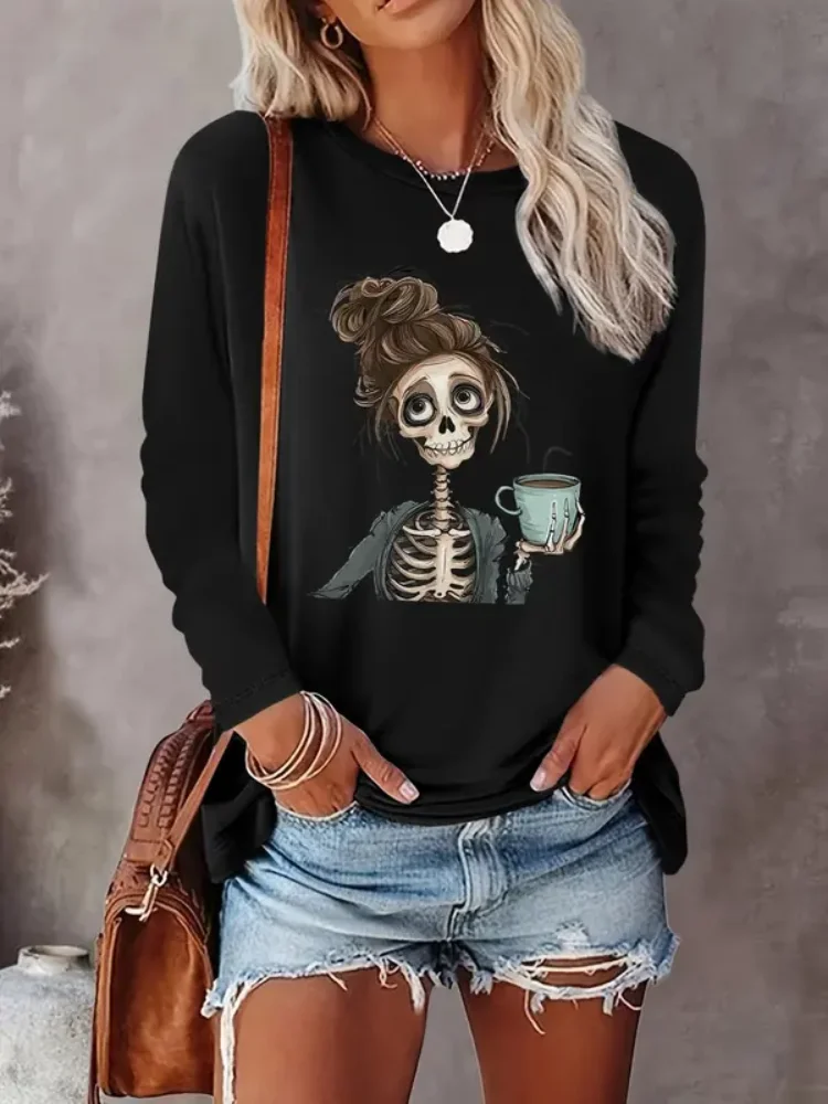 Jersey informal de manga larga con cuello redondo para otoño e invierno, ropa de mujer para uso diario, estampado gráfico redondo de Halloween para mujer