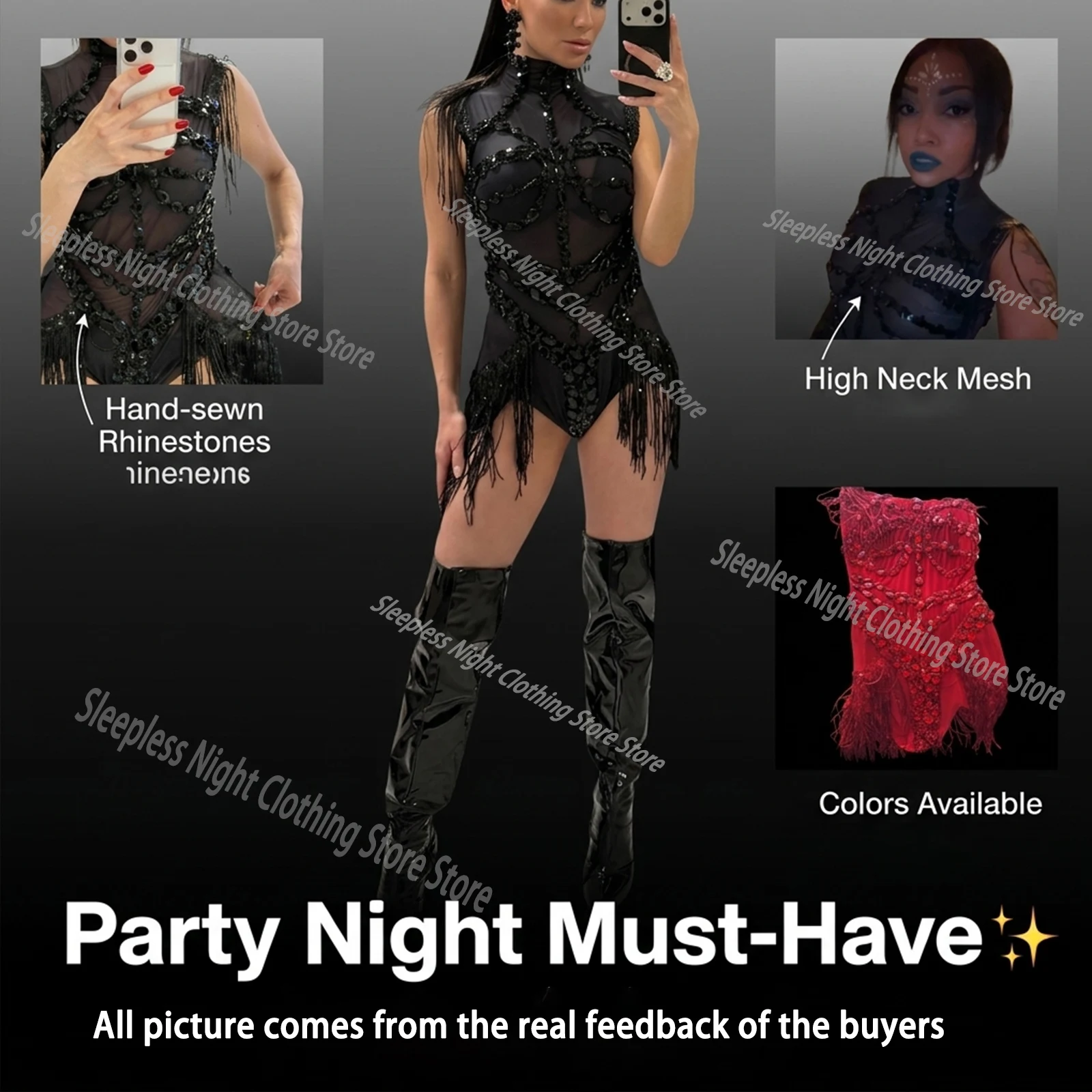 Sexy Mesh Sheer Black Rhinestone Tassel Bodysuit Women Singer Dancer Stage Show Outfit Nightclub Leotard Party Performance Wear image 2
