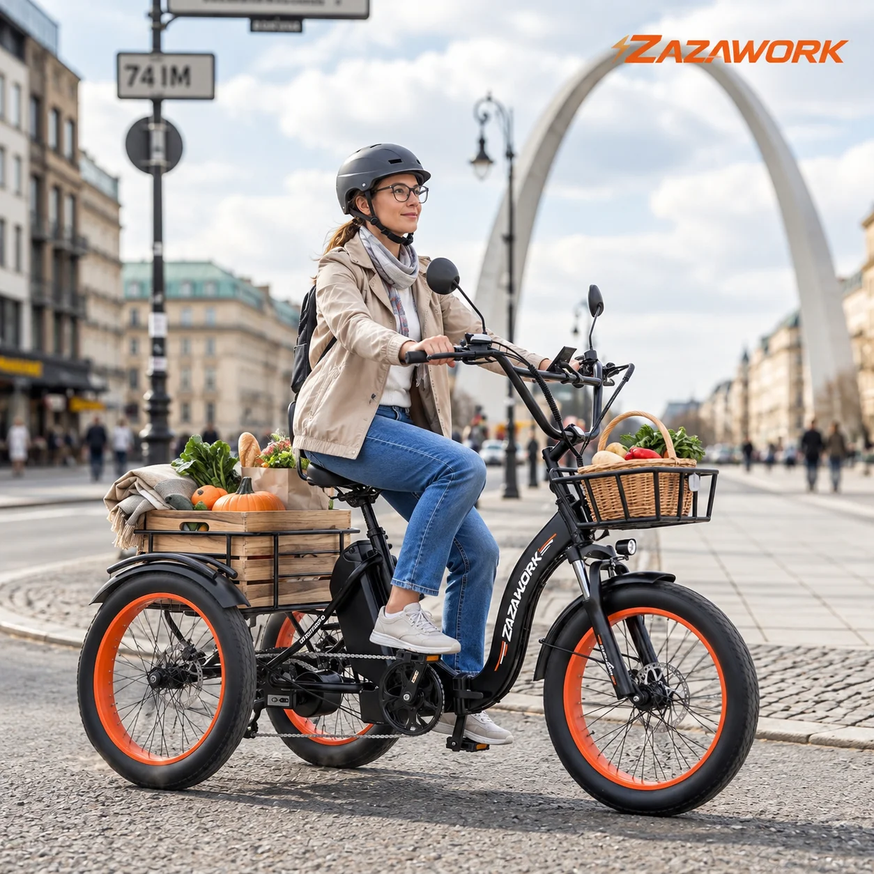 ZAZAWORK CF750 Triciclo Elettrico Pieghevole con Pneumatici Larghi da 20 Pollici, Motore da 750W, Batteria da 48V 20Ah, Autonomia Fino a 90km, Freni a Disco Idraulici, Cambio a 7 Velocità, Triciclo