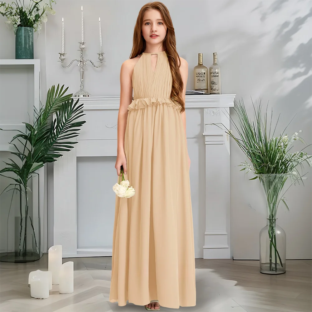Детское платье подружки невесты, шифоновое платье с лямкой на шее, длиной до пола, платье с цветочным узором для девочек, без рукавов, на молнии сзади, свадебная вечеринка, форма для девочек