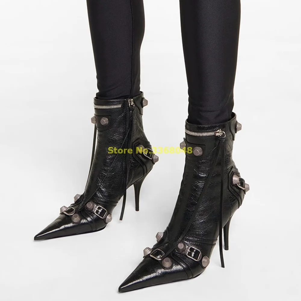 Rivet Pointy Toe High Heel Booties Shoes Black Leather Fringe Thin Heel Motorcycle Women Fashion Boots Zipper  Ankle Boot