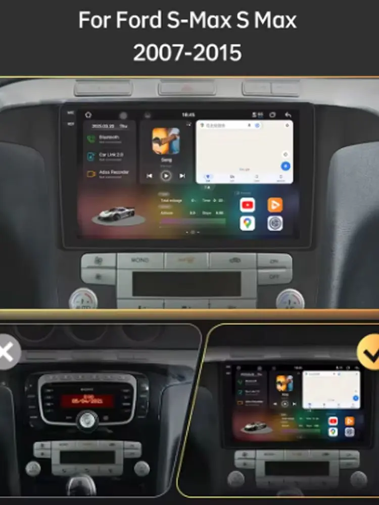 Nowy samochodowy odtwarzacz radiowy z systemem Android, przeznaczony do Forda S-Max (roczniki 2007–2015), wyposażony w Carplay, 4G, Wi-Fi, GPS, RDS, odtwarzacz DVD i procesor DSP. — 2
