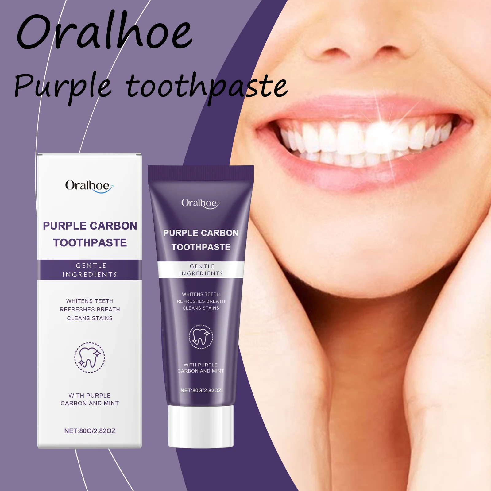 

Фиолетовая отбеливающая зубная паста Oralhoe, нежное удаление пятен на зубах, устранение запахов полости рта, способствующее здоровье полости рта, фиолетовая карбоновая зубная паста