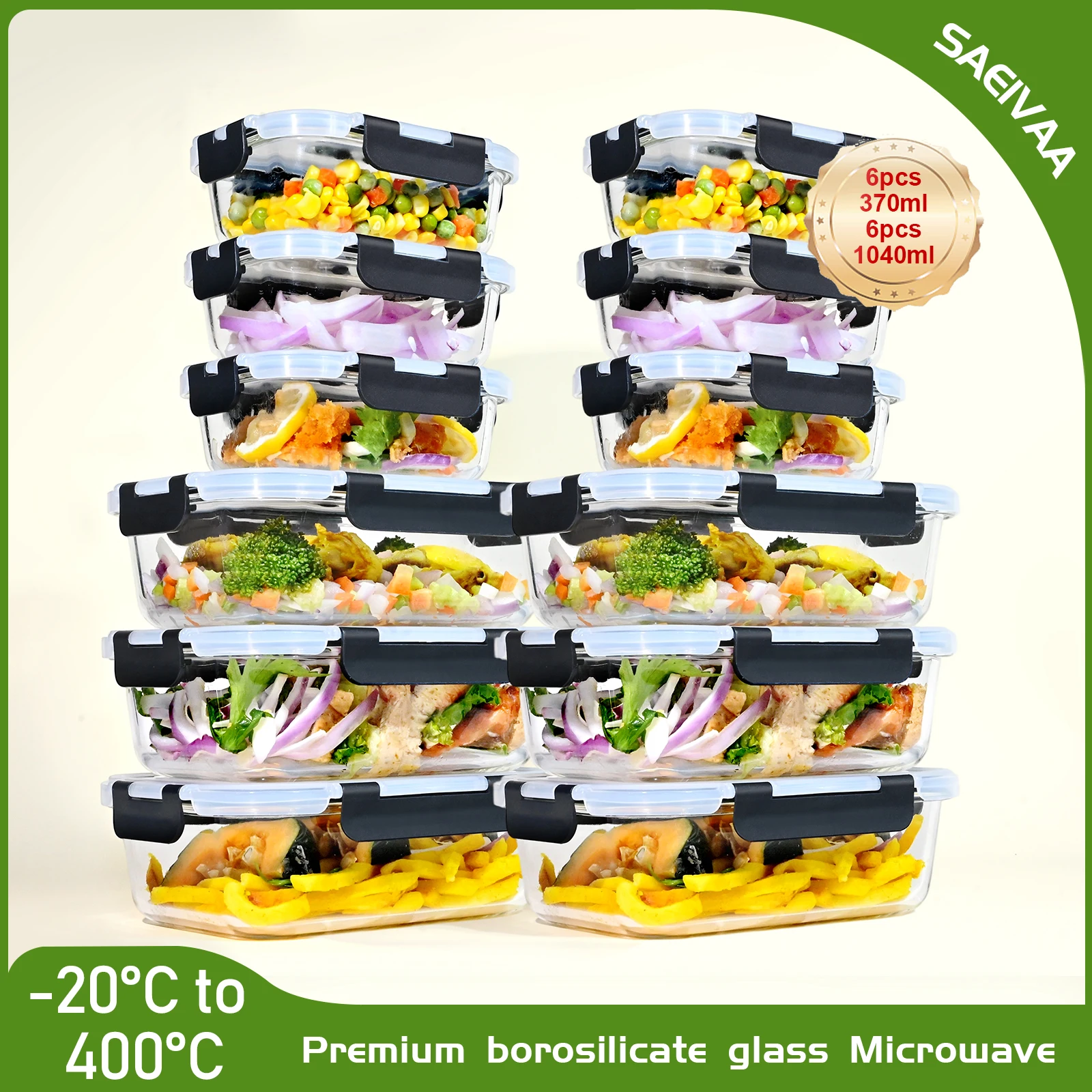 Ensemble de 12 conteneurs de stockage des aliments à couvercles, pots en verre de 370/1040ml, boîtes de rangement de cuisine avec couvercles serrés à l'air, sans BPA