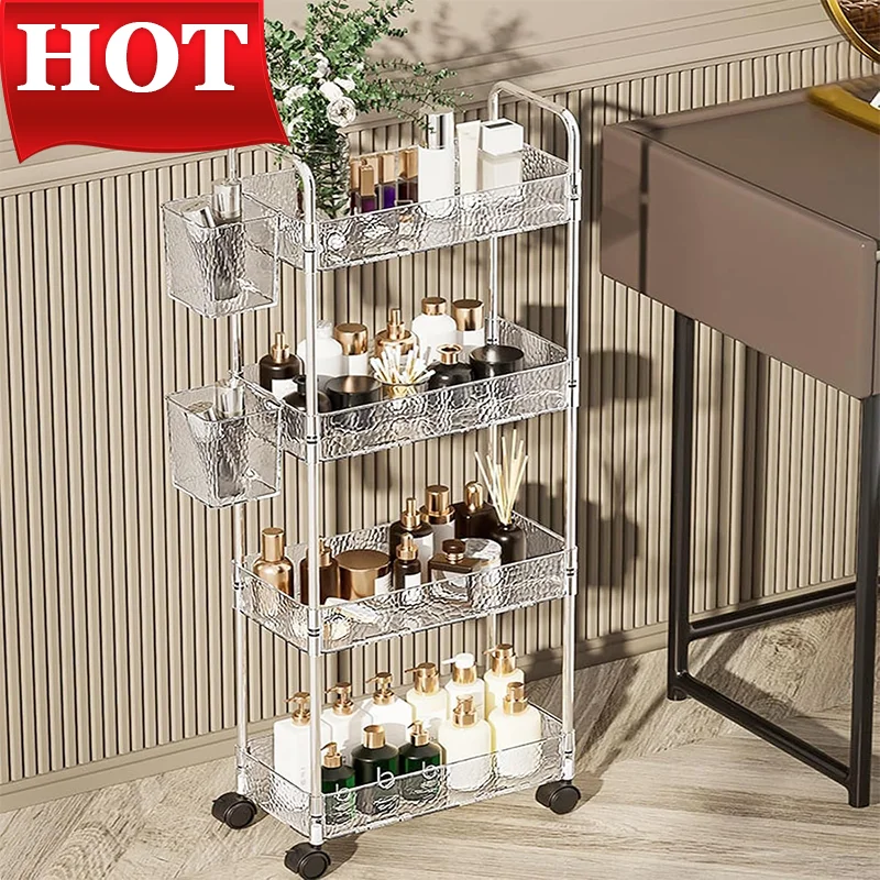 

Four-layer brown transparent storage cart with wheels - multi-functional rolling organizing rack, suitable for home use