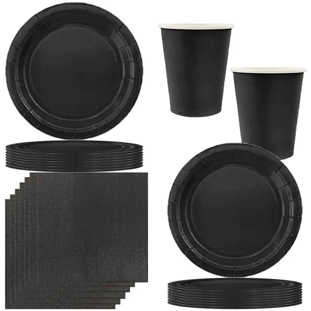 Neue einfache schwarze Geburtstagsparty-Dekoration, Einzelthema, Boda, 10-teiliges Einweggeschirr-Set, Teller, Tassen, Papiere, Tischdecke