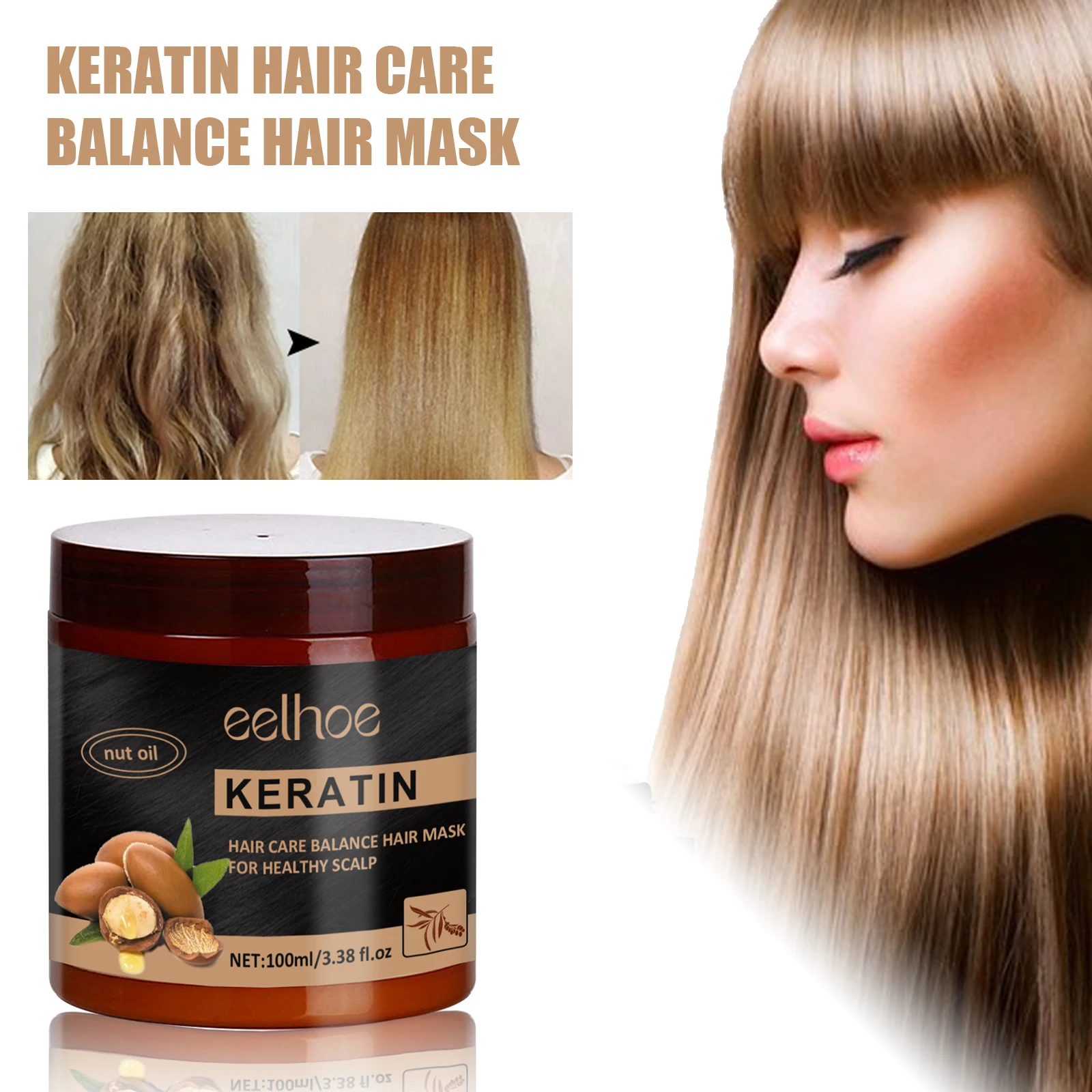 

Eelhoe Nut Keratin Hair Mask Repair Dry Frizz Split Ends Restore Shine Improve Texture Hydrate Nourish Smooth Hair Care 100ml