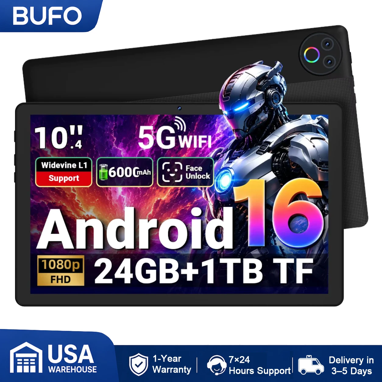 KB1001 Android 16 Tablet 10 Inch 24(3+21)GB RAM 1TB TF 6000mAh Face Unlock 8MP Dual Camera OTG Widevine L1 BT 5.4/5G WiFi Portable Work Study Tablet PC - Black