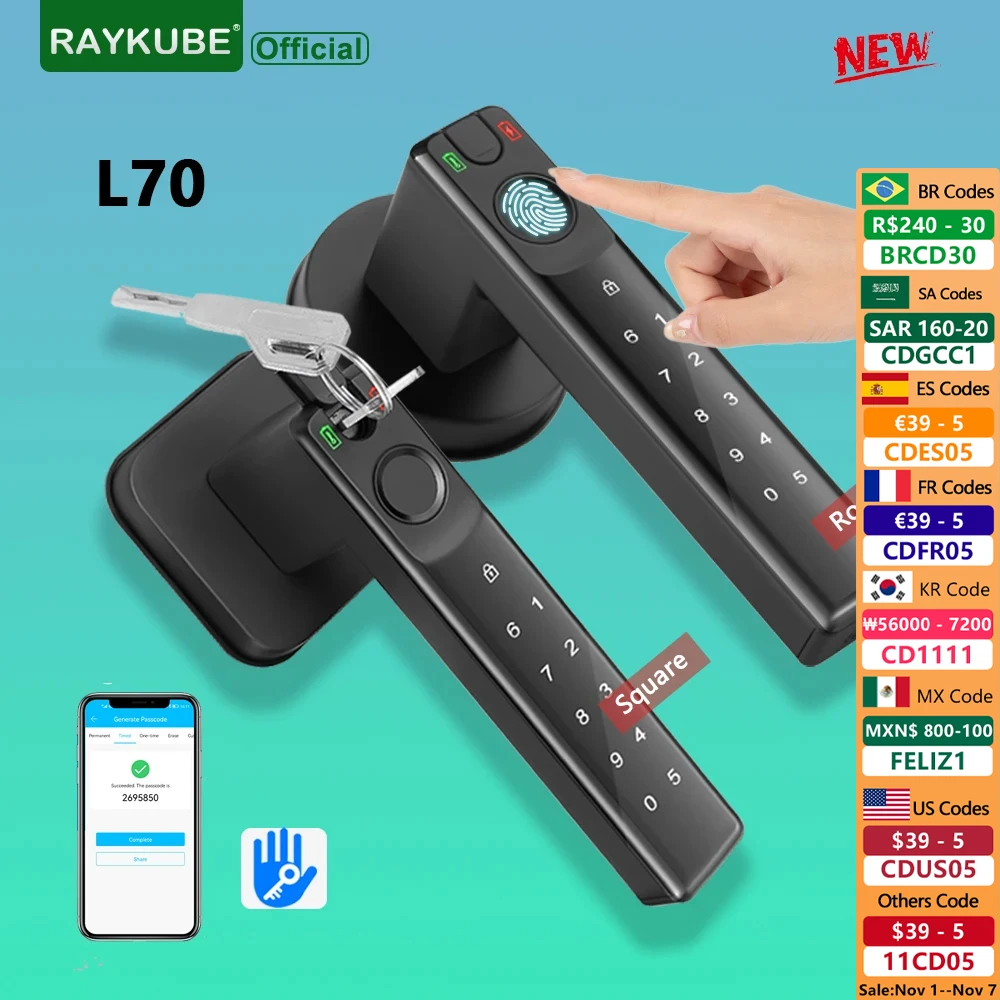 

NEW RAYKUBE L70 TT Lock Smart Fingerprint Door Lock Password Lock with Keys APP Unlock For Indoor Bedroom Wooden Metal Door