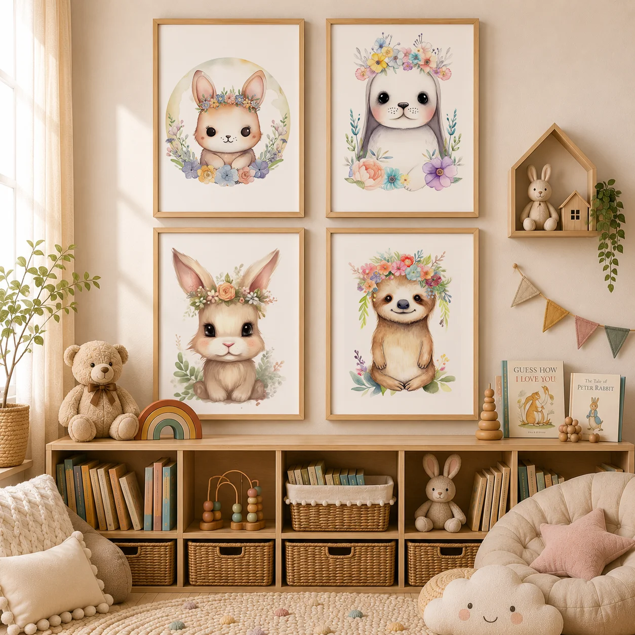 Nursery Flower Animal Wall Art, Cute Bunny Sloth Canvas Painting, Floral Crown Poster Print for Baby Kids Bedroom Wall Decor