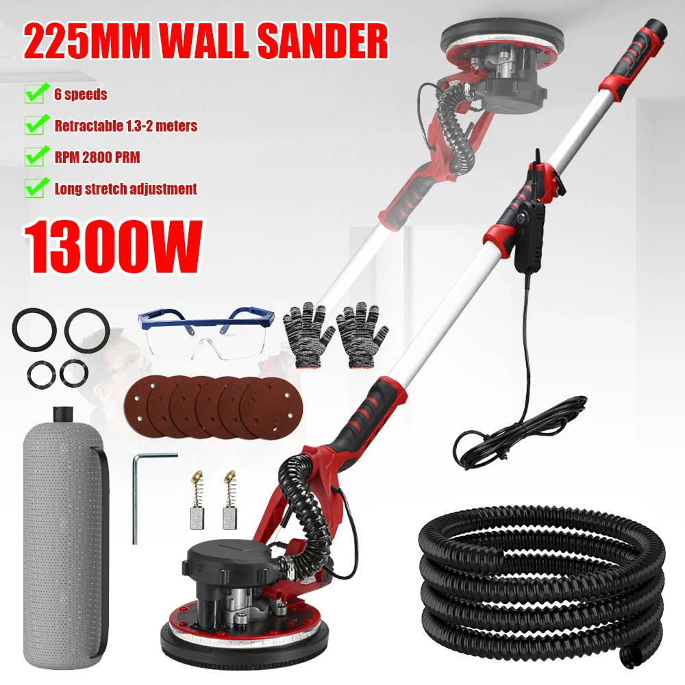Lijadora de Pared de 1390W, 6 Velocidades, 98% de Extracción de Polvo, Mango Telescópico de 1.3–2 Metros, Iluminación LED, Disco de Lijado de 225mm, Lijadora de Masilla para Pared