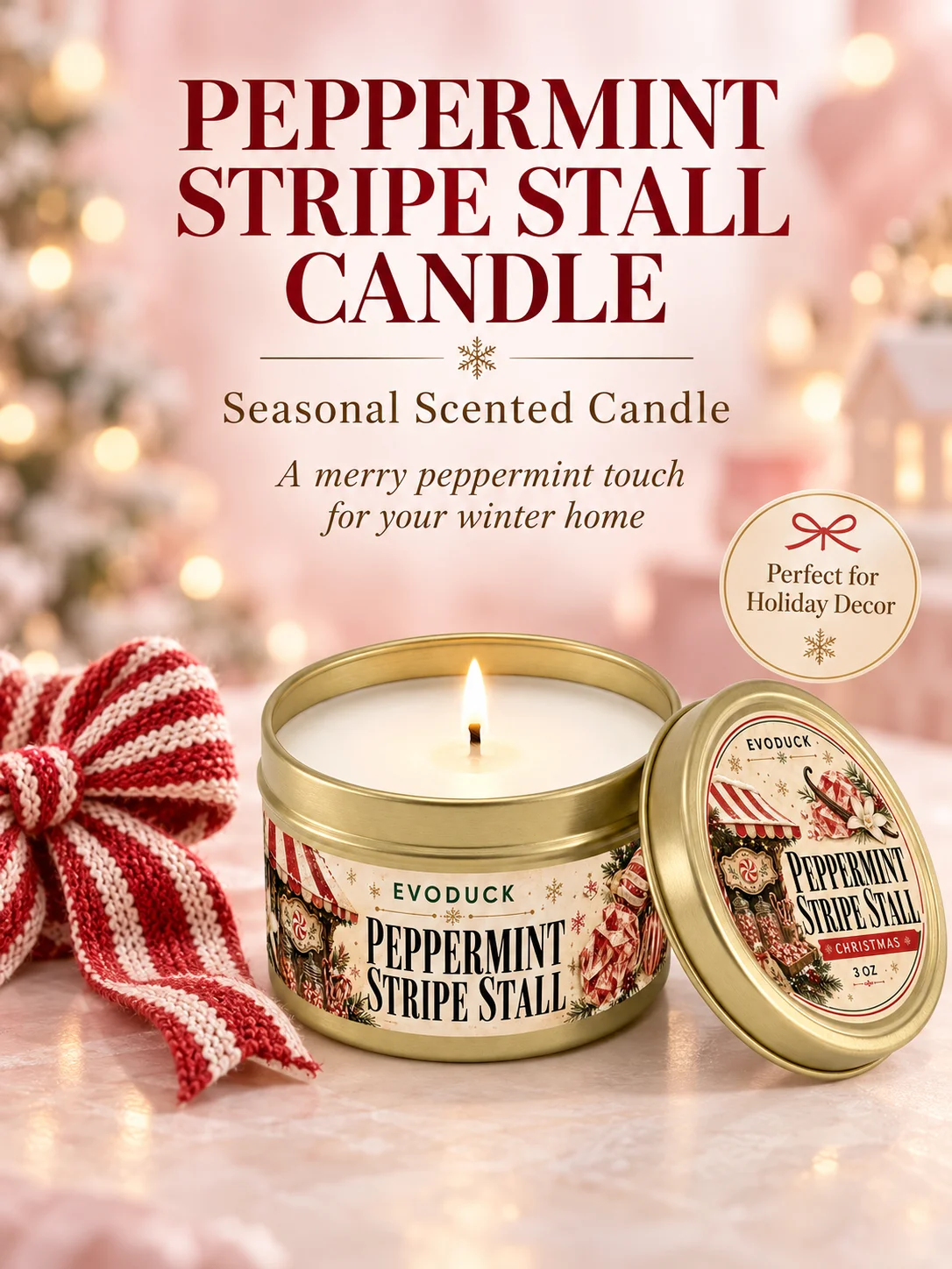 1pc Peppermint Christmas Candle 3oz Tin, Vanilla Sugar Candy Cane Scent, Gift Box & Card, Secret Santa Gift Exchange
